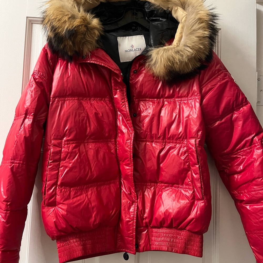 Monlacer Shiny Red Down Jacket with Fur Trim
